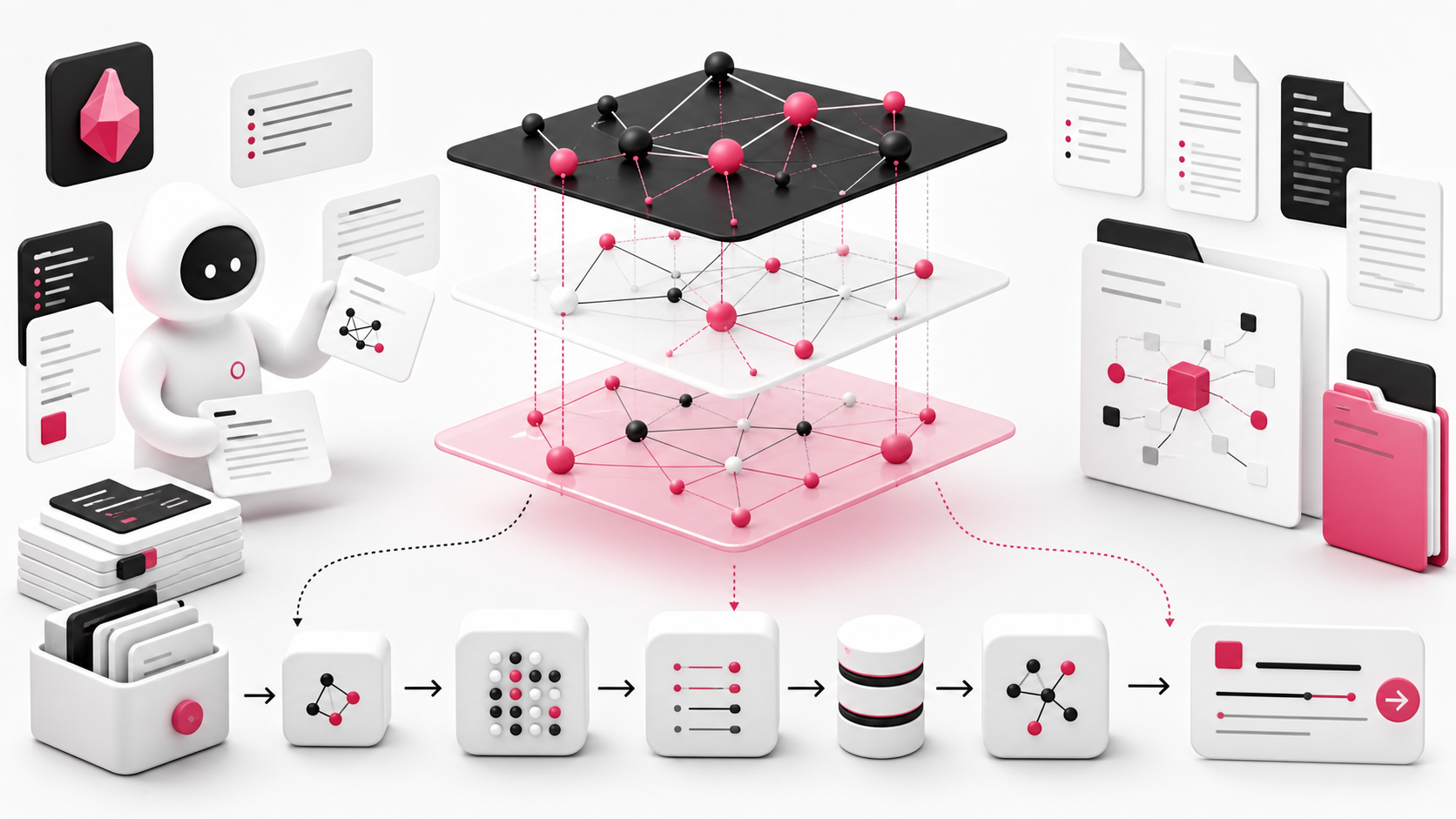 LLM Wiki 지식 구조와 AI 문서 자동화 흐름을 표현한 FLOWIT 일러스트