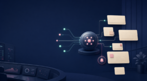 AI 에이전트의 작업 상태와 알림 신호를 연결한 운영 구조를 표현한 일러스트
