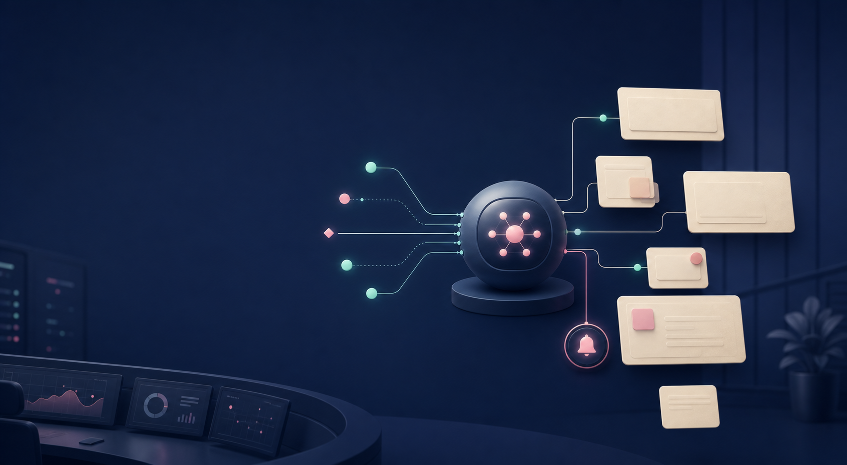 AI 에이전트의 작업 상태와 알림 신호를 연결한 운영 구조를 표현한 일러스트