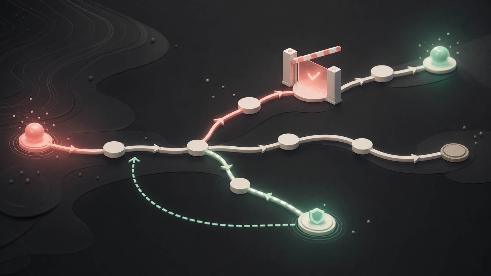 AI 에이전트 작업 흐름에서 승인과 롤백 경로가 갈리는 개념 이미지