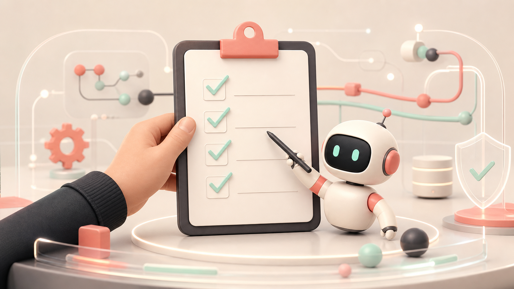 사람과 AI 에이전트가 자동화 운영 체크리스트를 함께 검토하는 개념 이미지